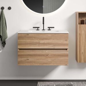 wall mounted rough oak&rough oak bathroom vanity integrated ceramic sink overflow (2)