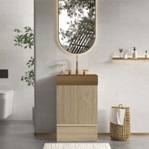 striped light oak bathroom vanity with integrated brushed gold metal vessel bathroom sink, freestanding bathroom cabinet for modern bathroom, one piece gold metal basin without faucet (2)