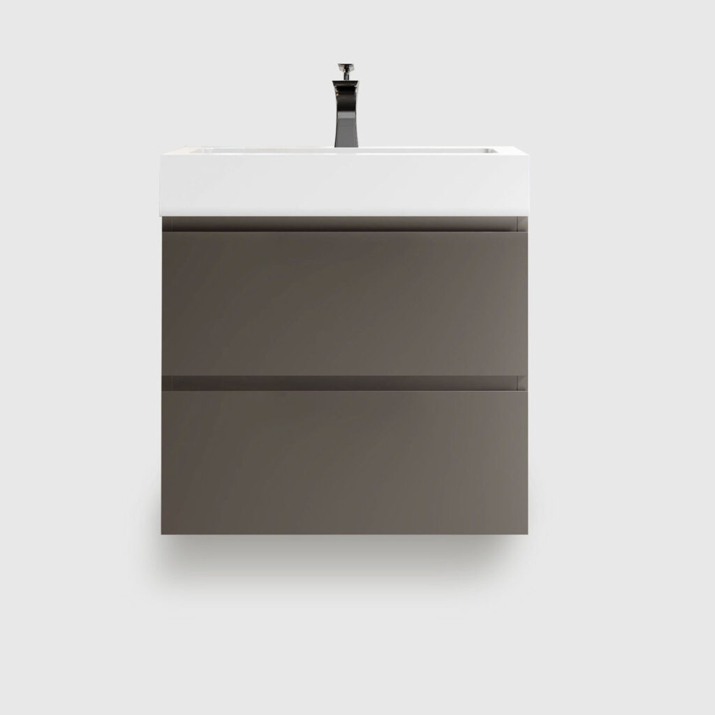Modern compact bathroom vanity with sink in a bright residential bathroom