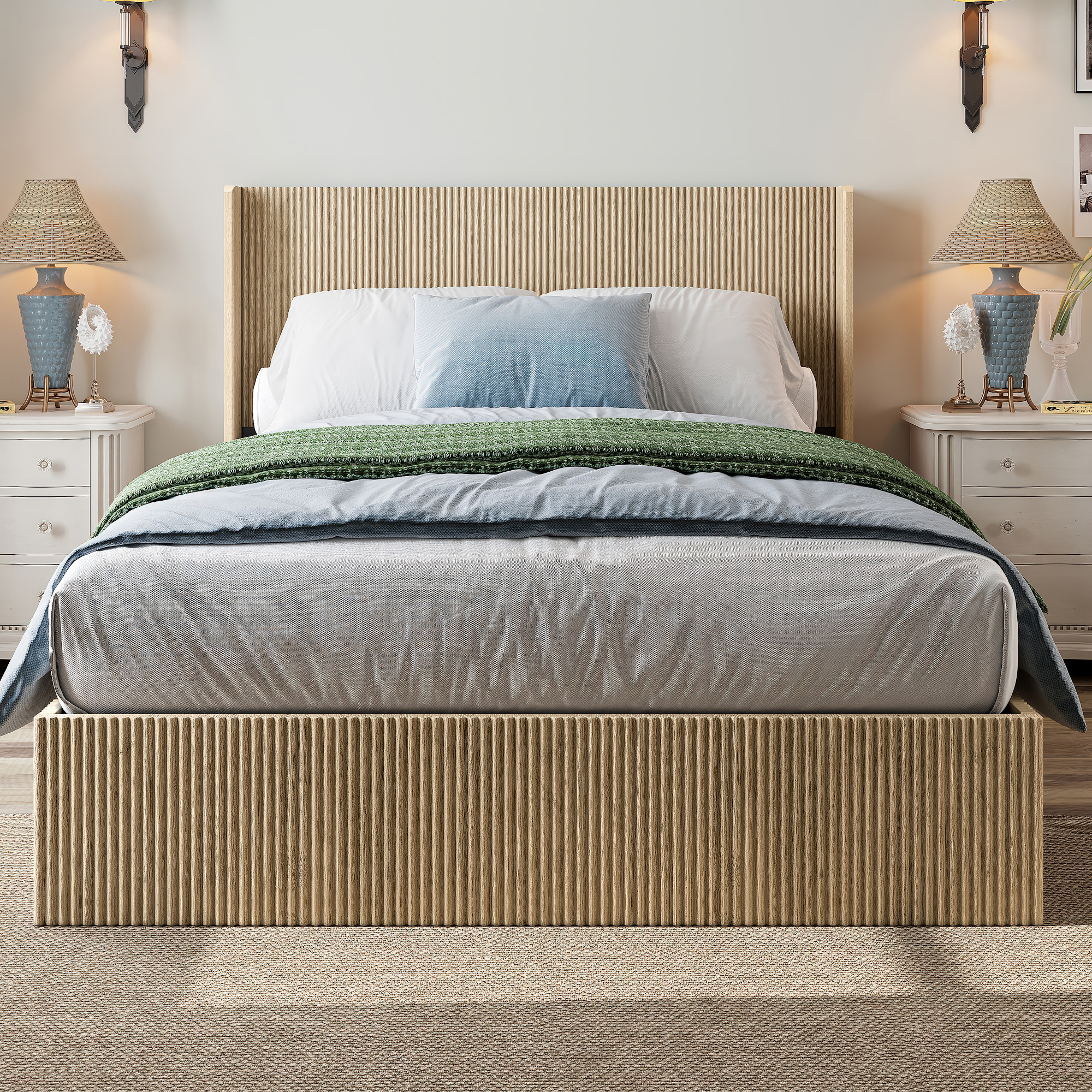 oak wood platform bed with silent lift storage