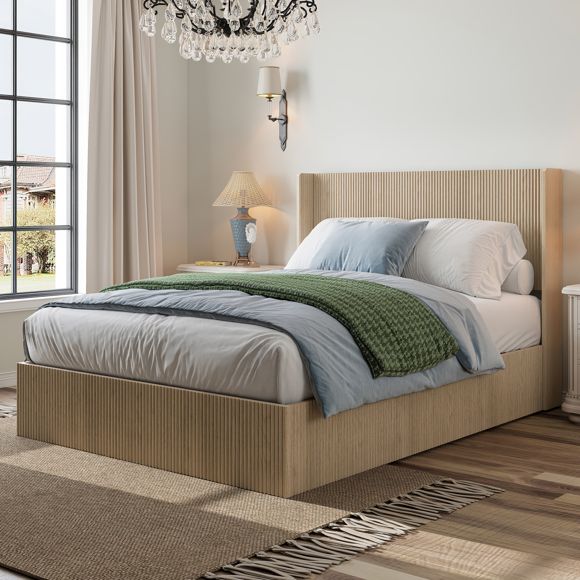 oak wood platform bed with silent lift storage