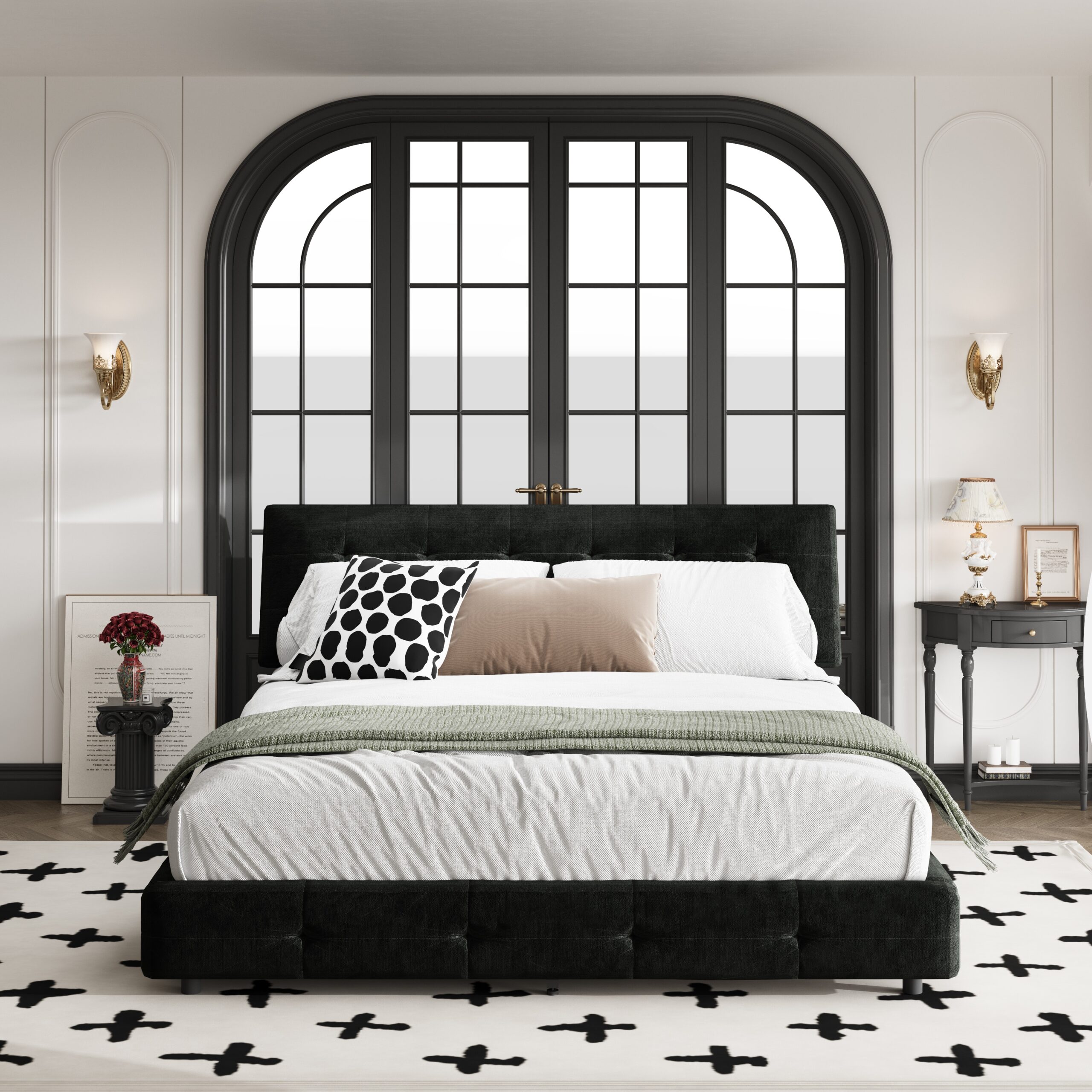 black queen size chenille platform bed