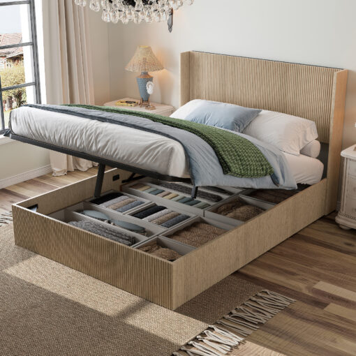 oak wood platform bed with silent lift storage
