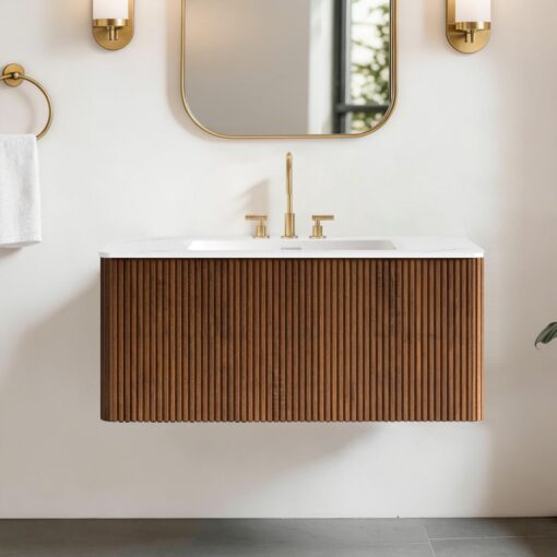 etna 36" walnut bathroom vanity with white sink