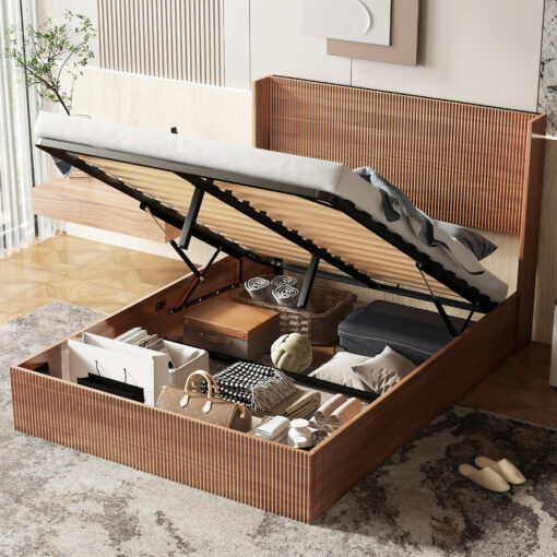walnut wood lift up storage bed frame king