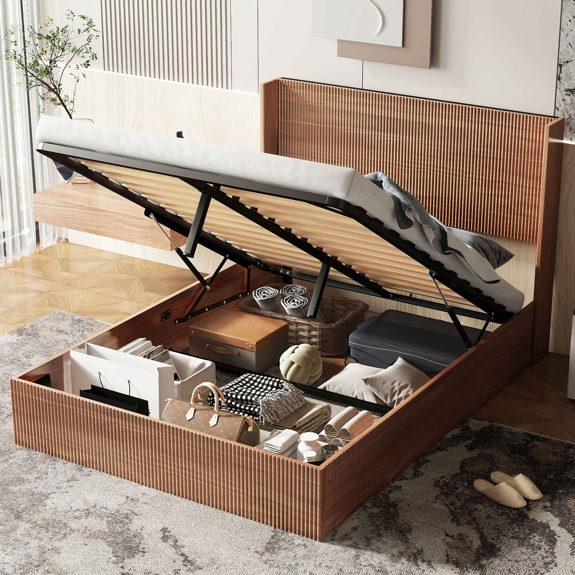 walnut wood lift up storage bed frame king