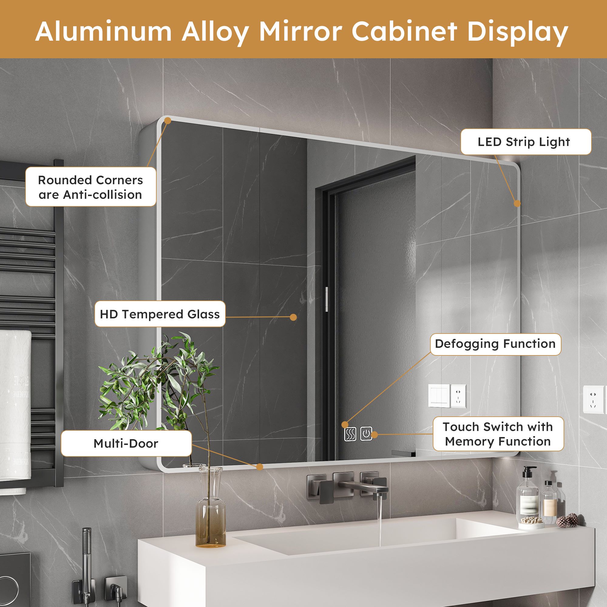 bathroom mirror cabinet 3 door with led