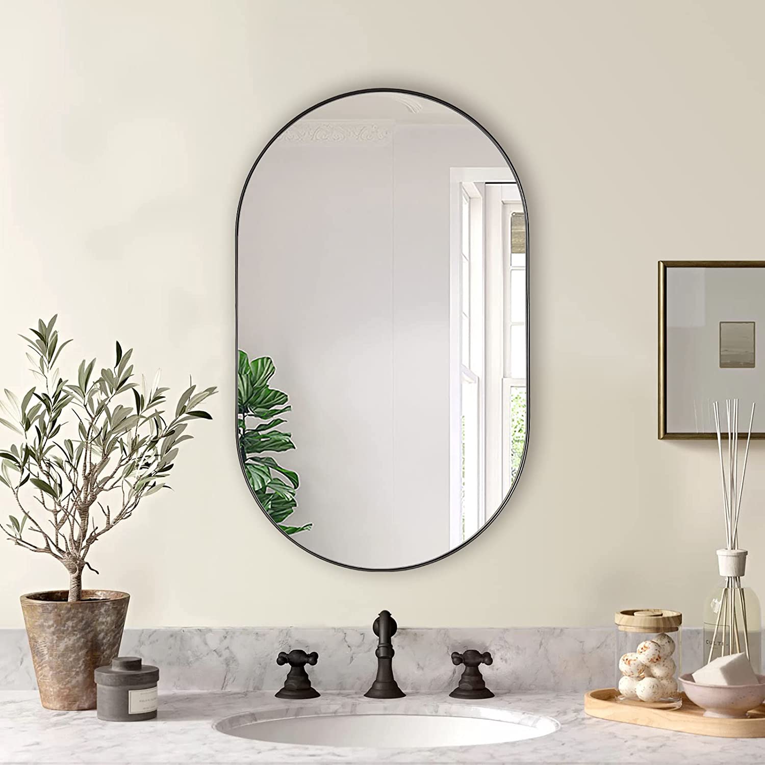 black 20 x 33 inch metal oval mirror