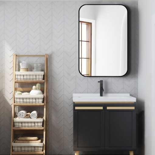 black metal framed rectangular bathrrom mirror