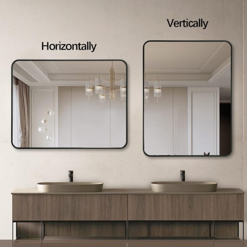 black metal framed rectangular bathrrom mirror