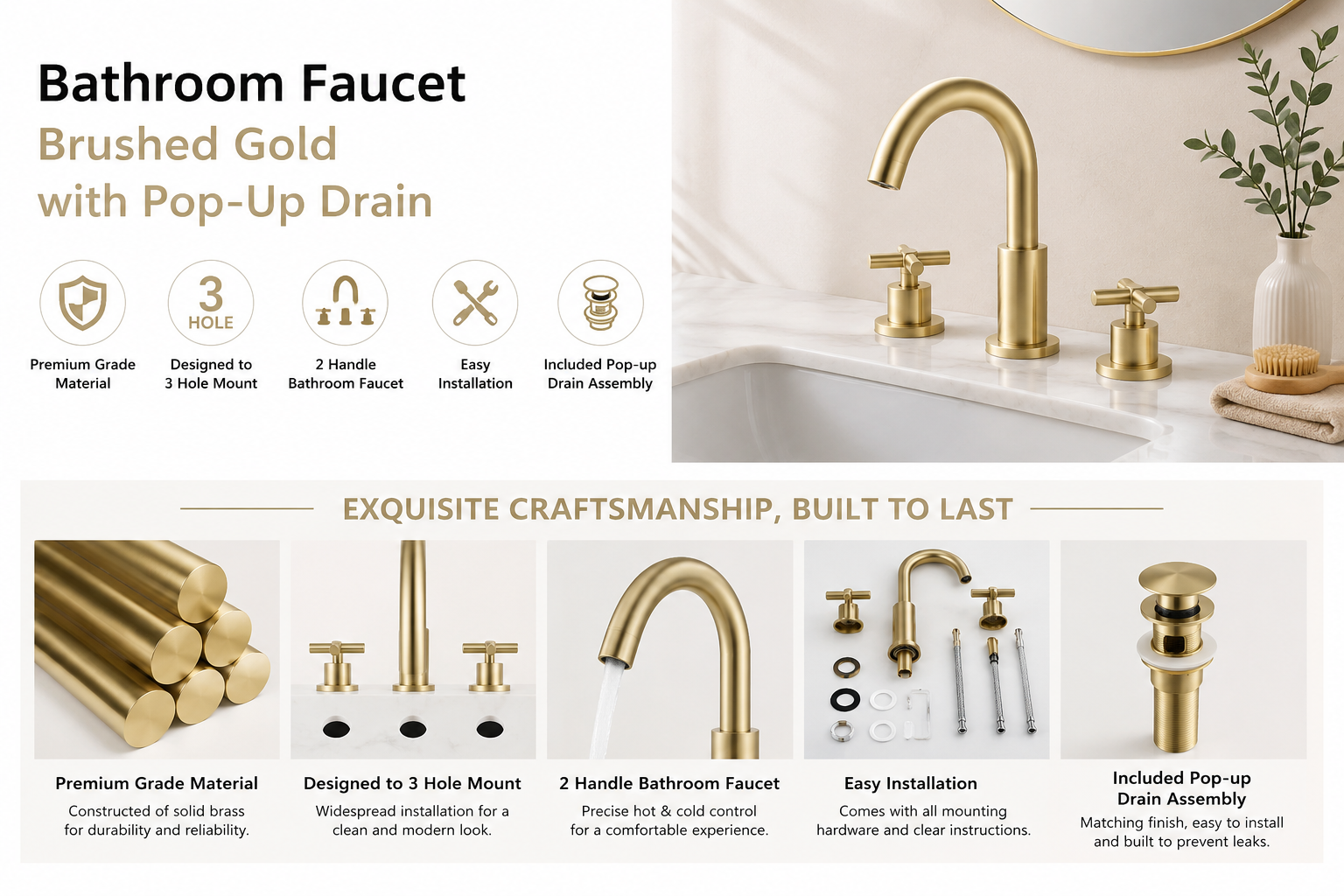 bathroom faucet brushed gold with pop up drain