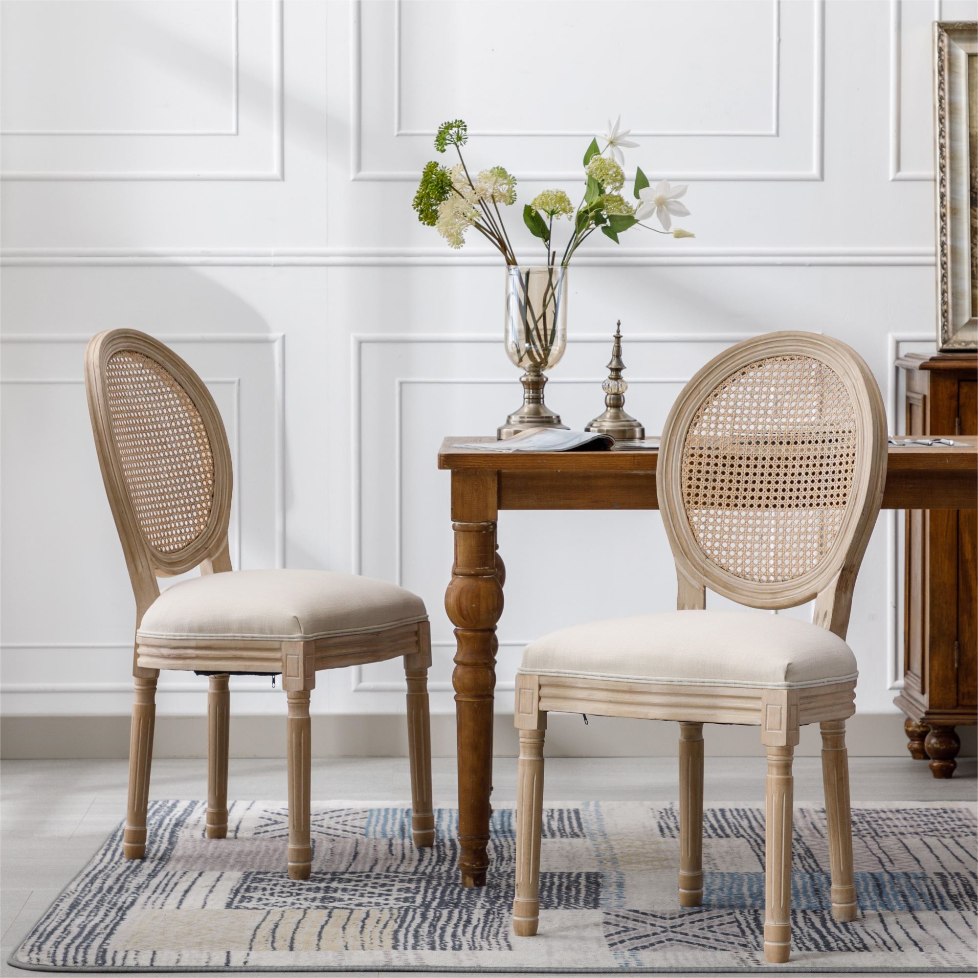 set of 2 fabric rattan back dining chair