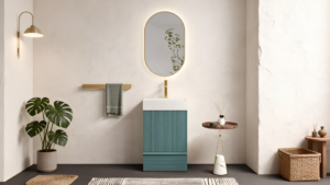 modern teal fluted freestanding bathroom vanity with white ceramic basin and gold faucet in a minimalist beige warm light apartment design.