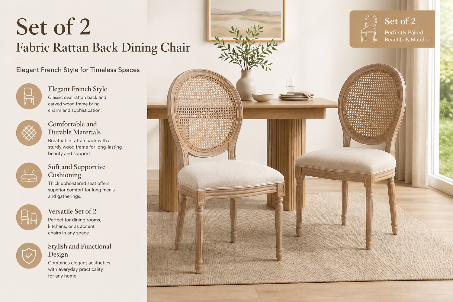 set of 2 fabric rattan back dining chair