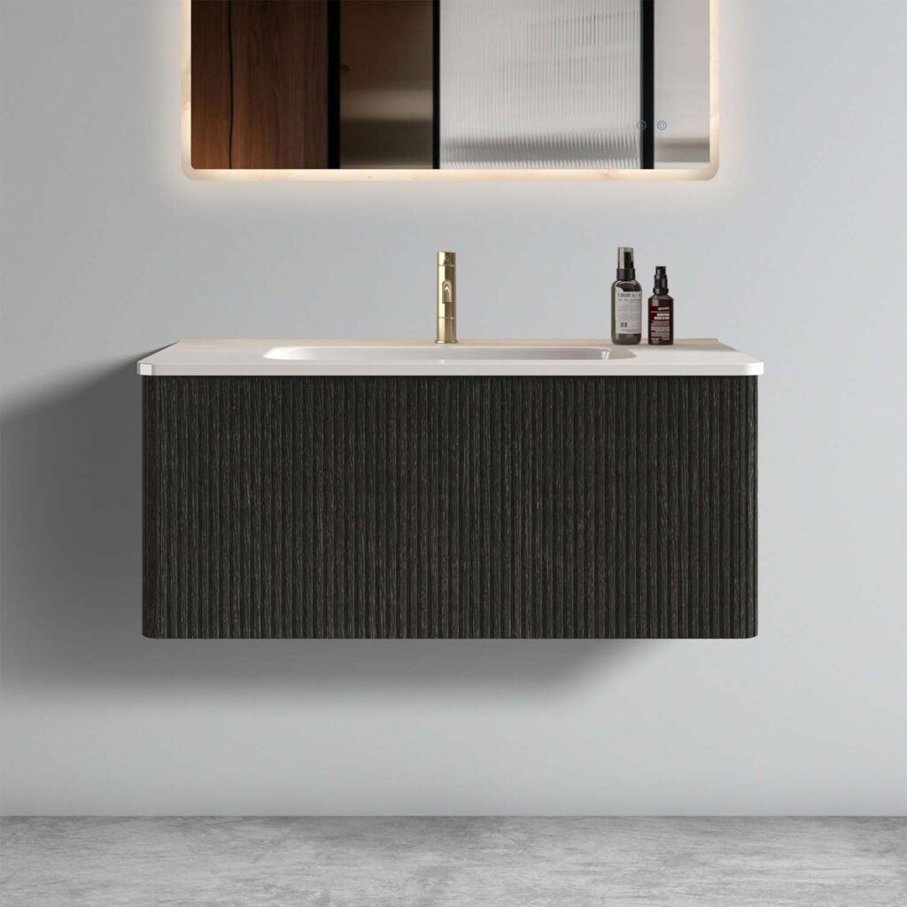 etna 36" black oak bathroom vanity with white sink