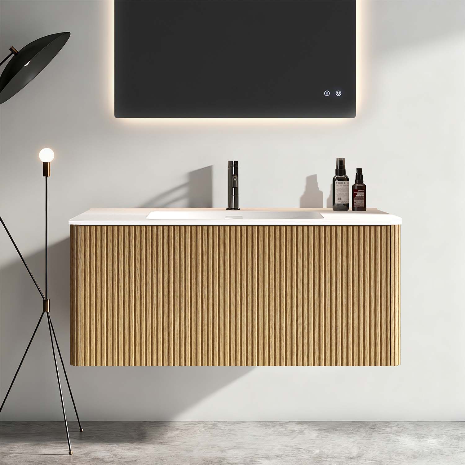 etna 36" oak bathroom vanity with white sink
