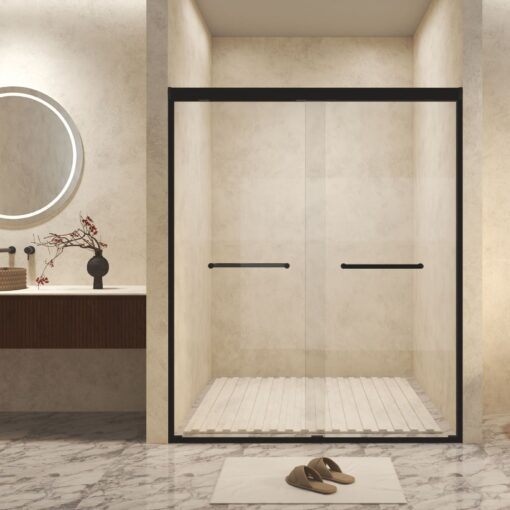 black framed double sliding shower door