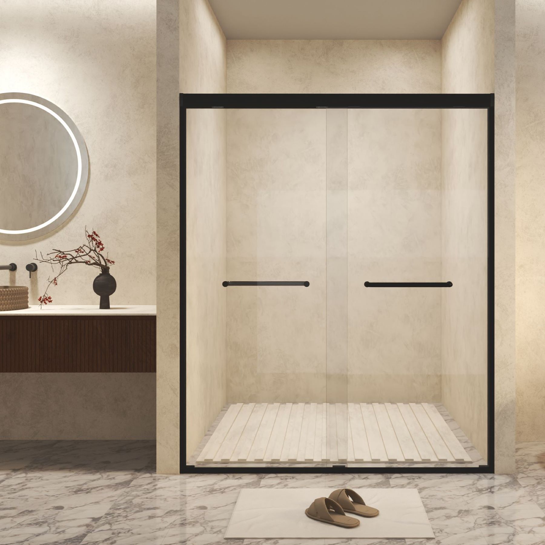 black framed double sliding shower door