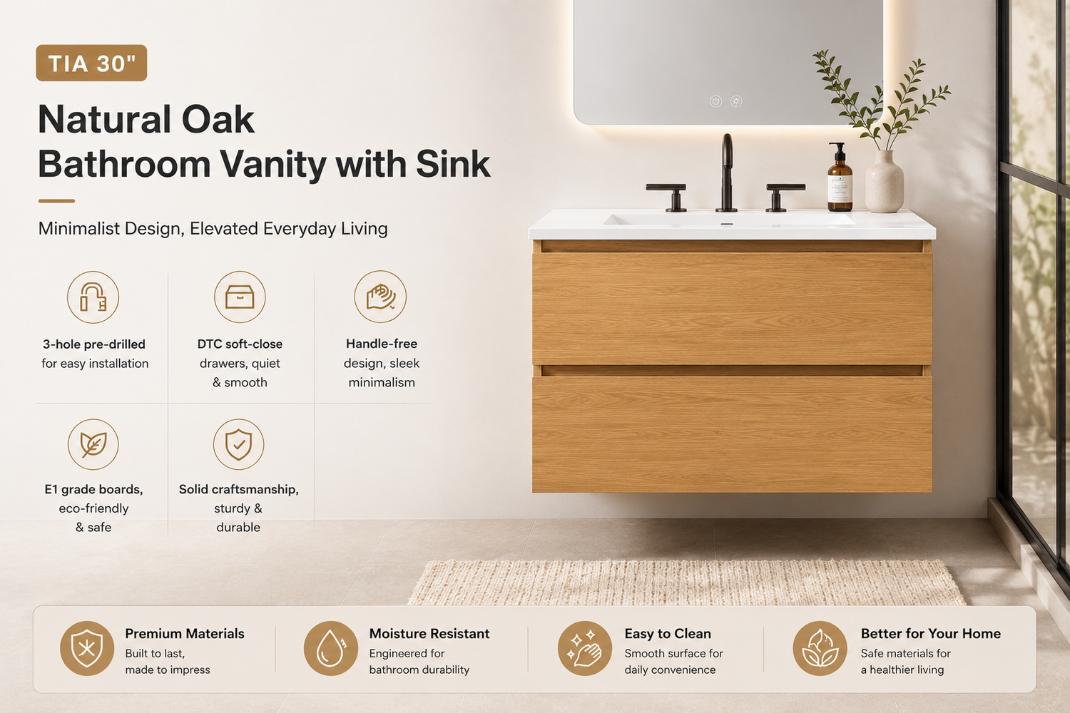 tia 30" natural oak bathroom vanity with sink