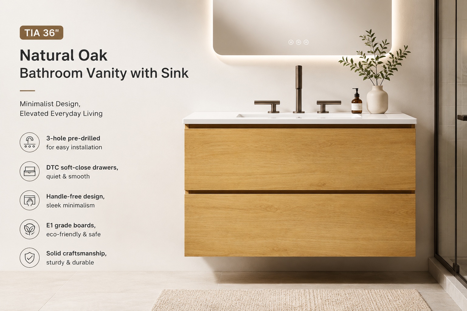 tia 36" natural oak bathroom vanity with sink