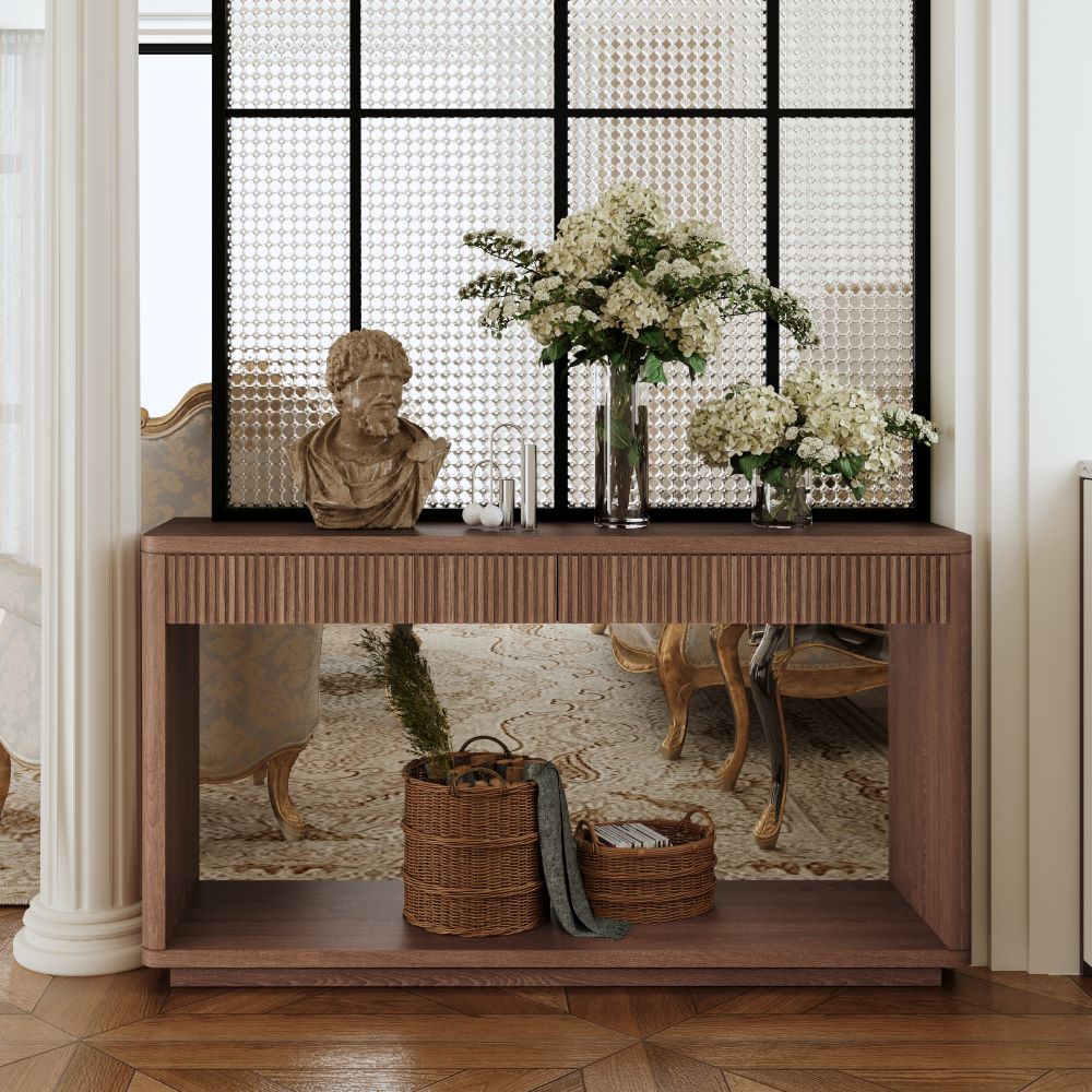 2 drawer fluted console table natural wood