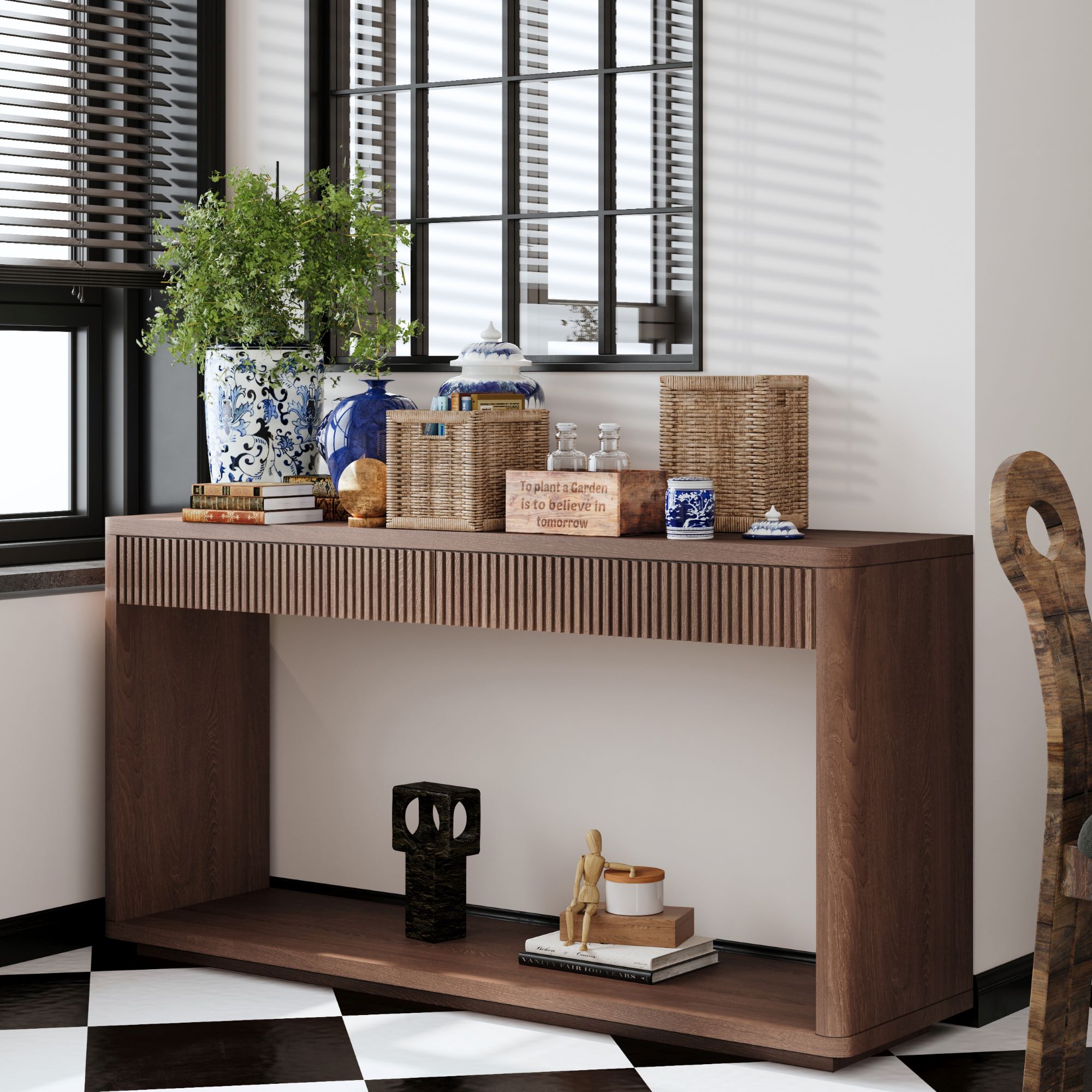 2 drawer fluted console table natural wood