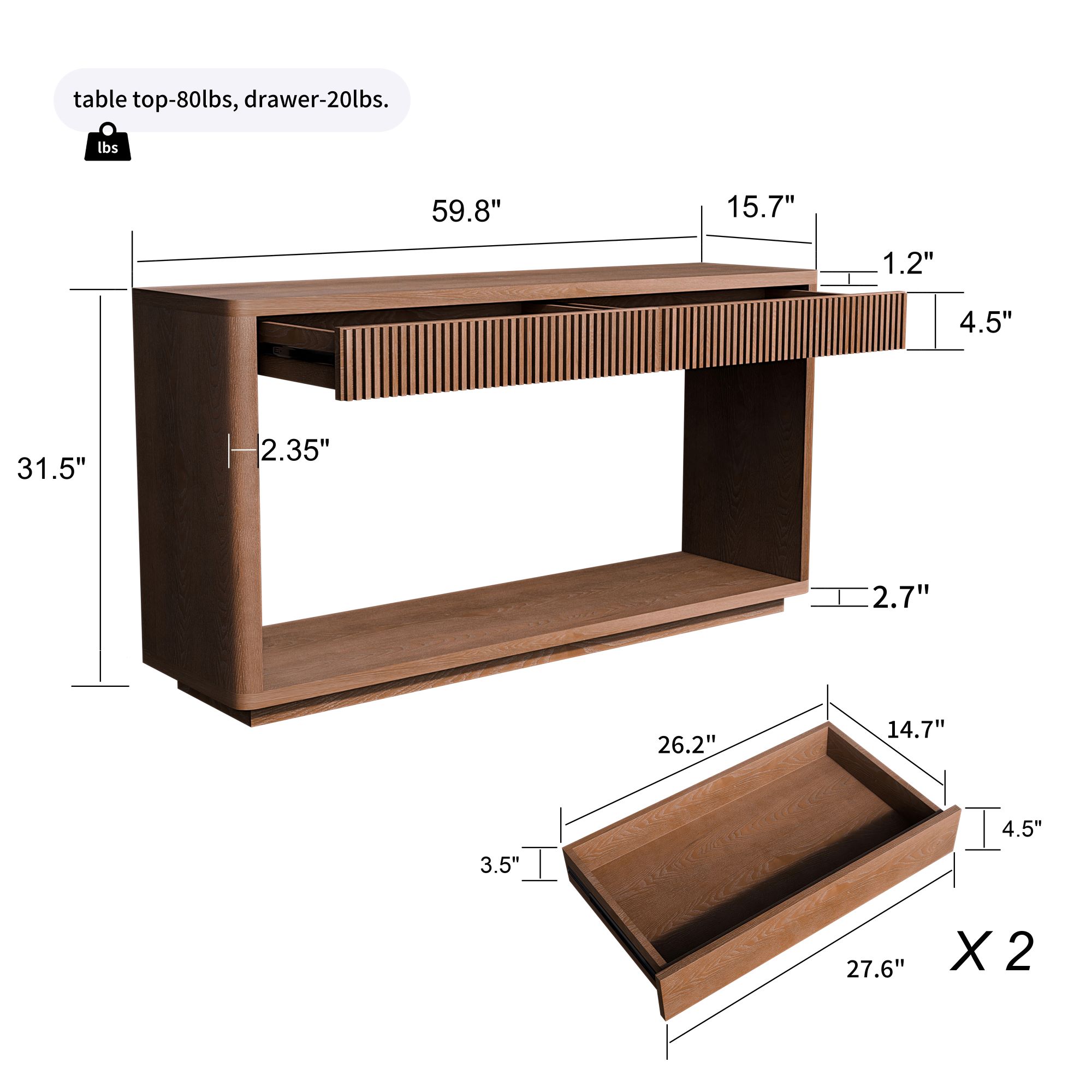 2 drawer fluted console table natural wood