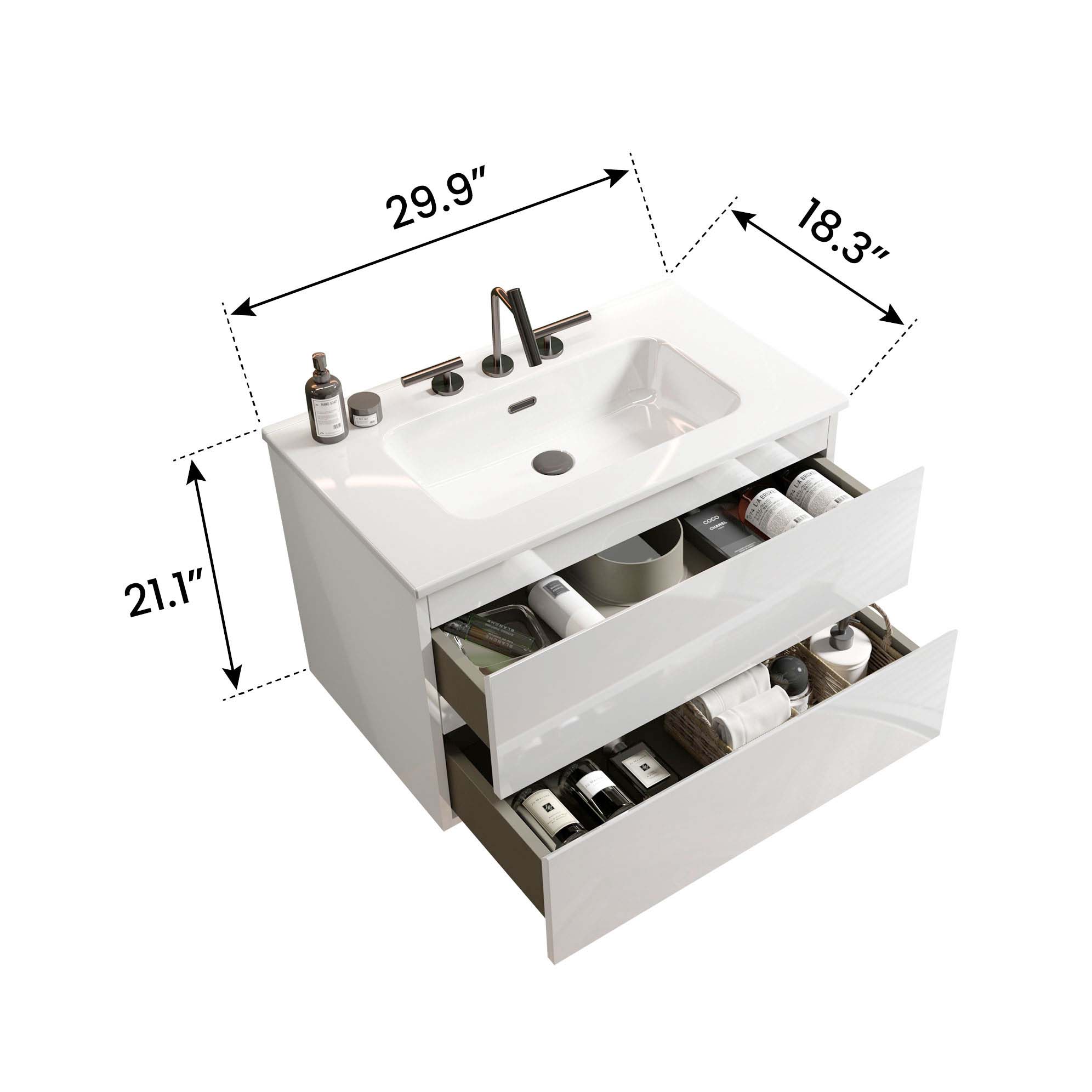 tia 30" white glossy bathroom vanity with sink