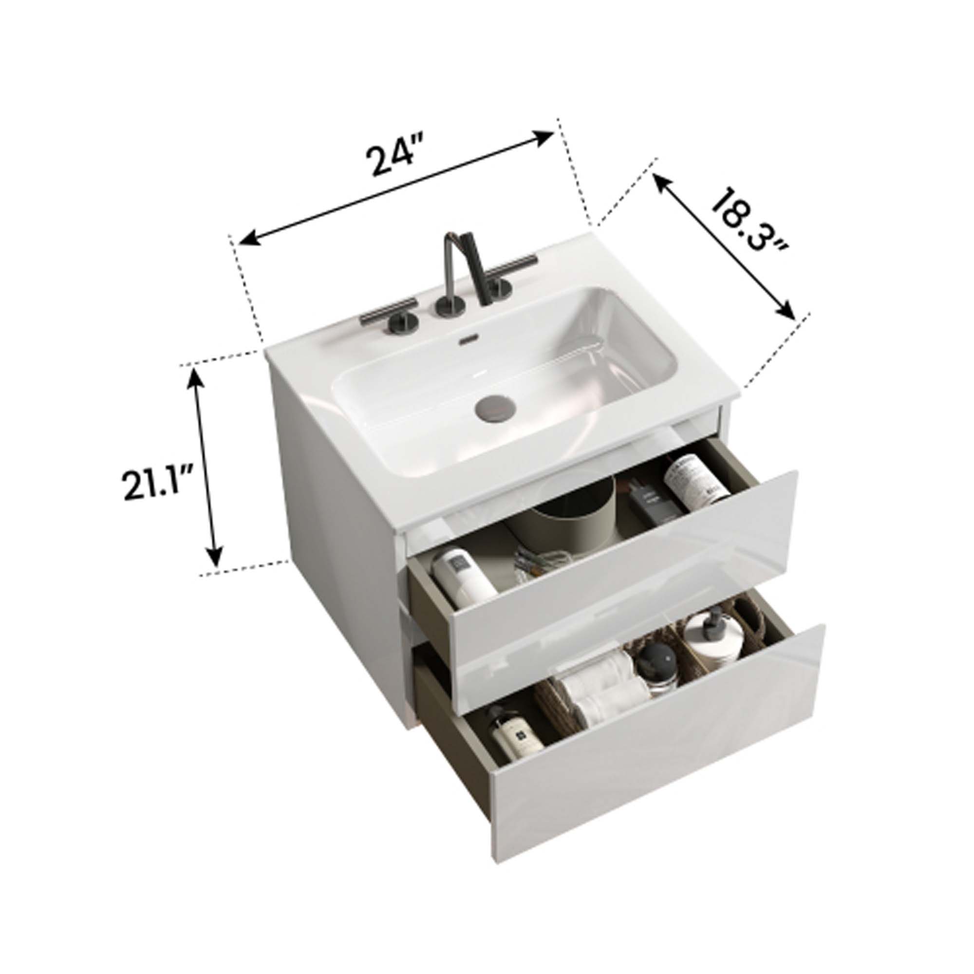 tia 24" white glossy bathroom vanity with sink
