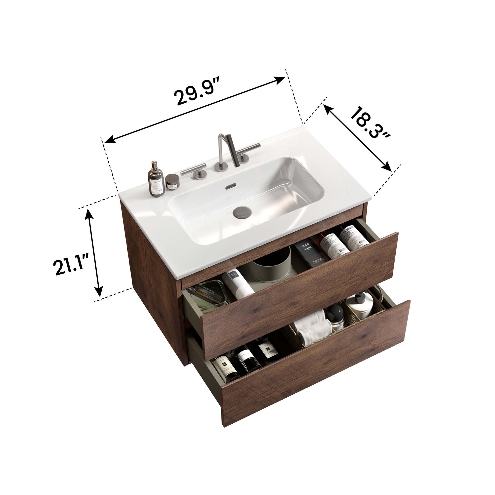 tia 30" walnut bathroom vanity with sink