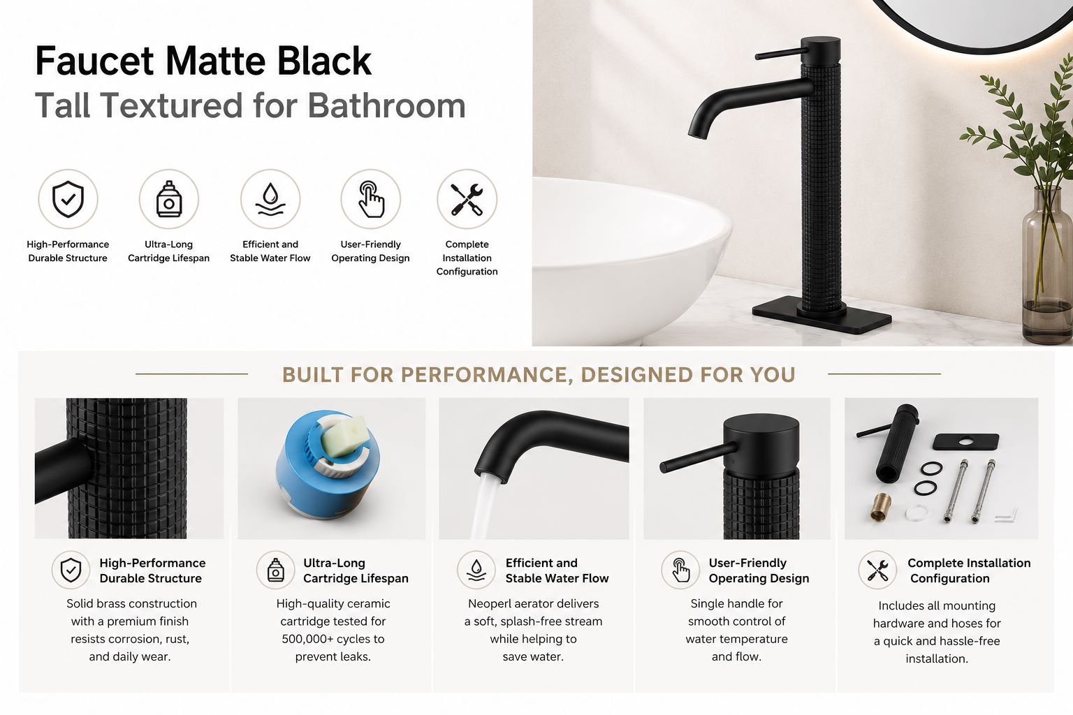 faucet matte black, tall textured for bathroom