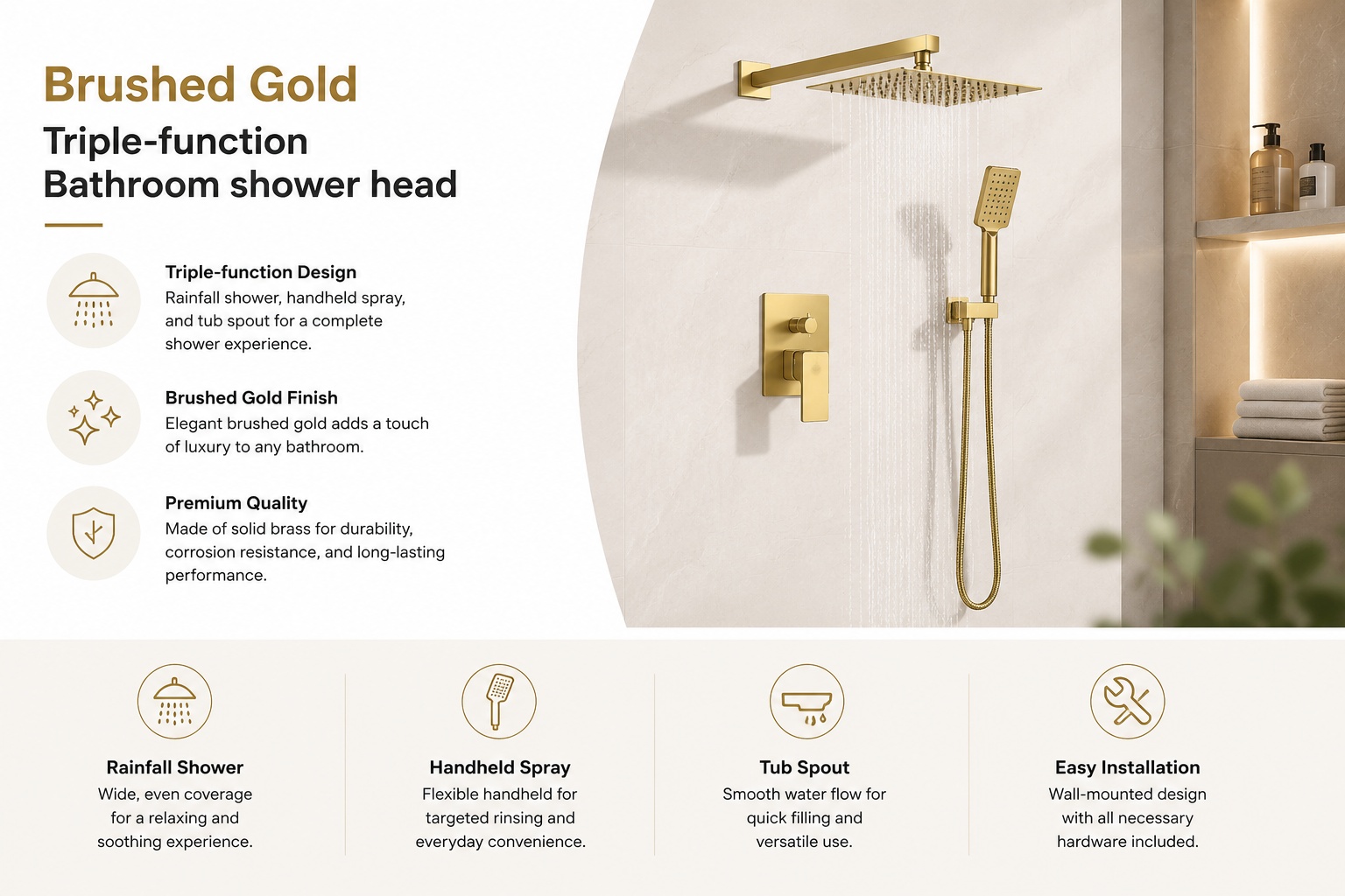 brushed gold triple function bathroom shower head
