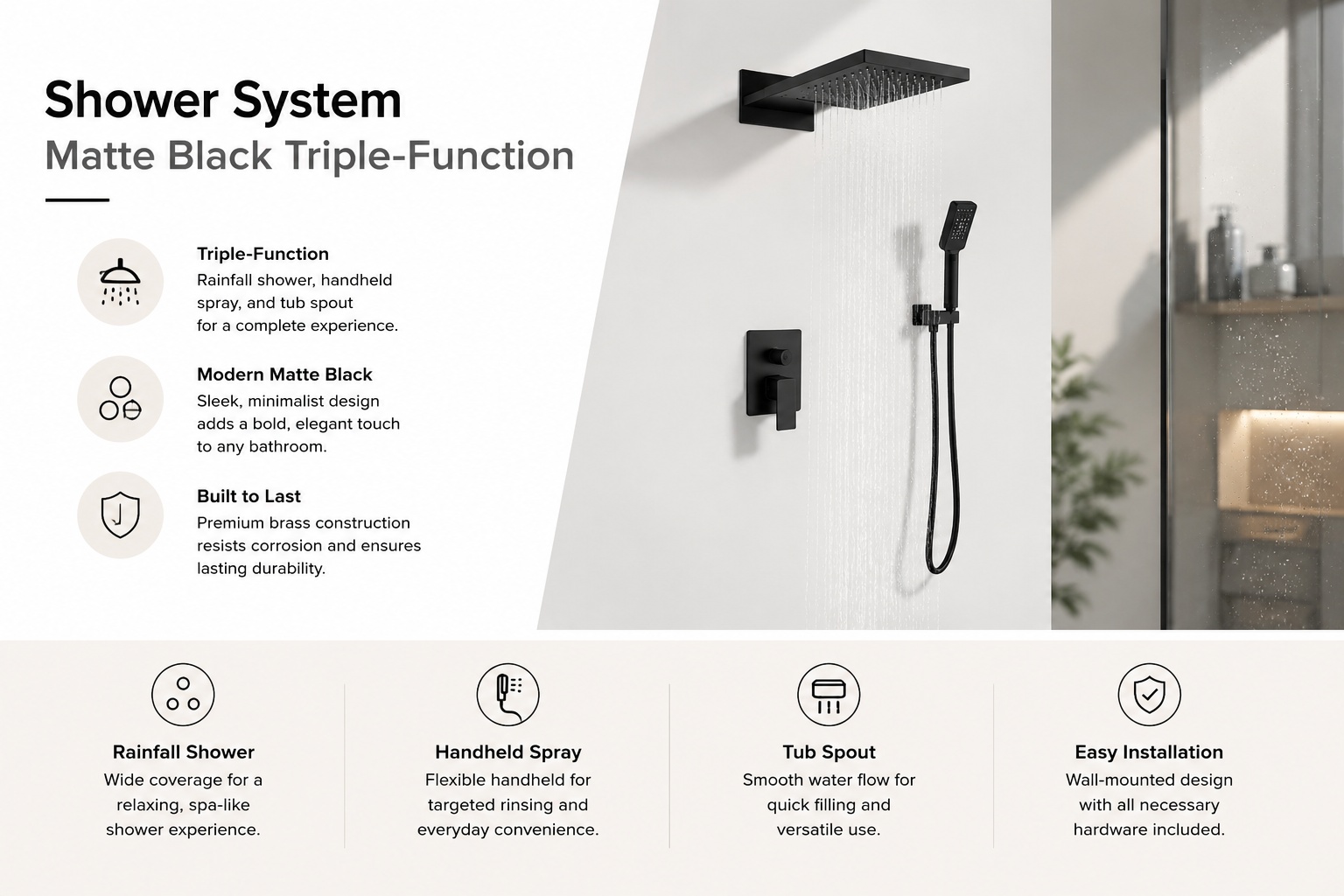 shower system matte black triple function