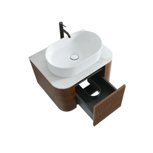 Cittaneo ERBA 24 inch floating bathroom vanity with open storage drawer, walnut fluted front and white vessel sink