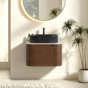 Cittaneo ERBA 24 inch floating walnut bathroom vanity with black fluted vessel sink and white countertop