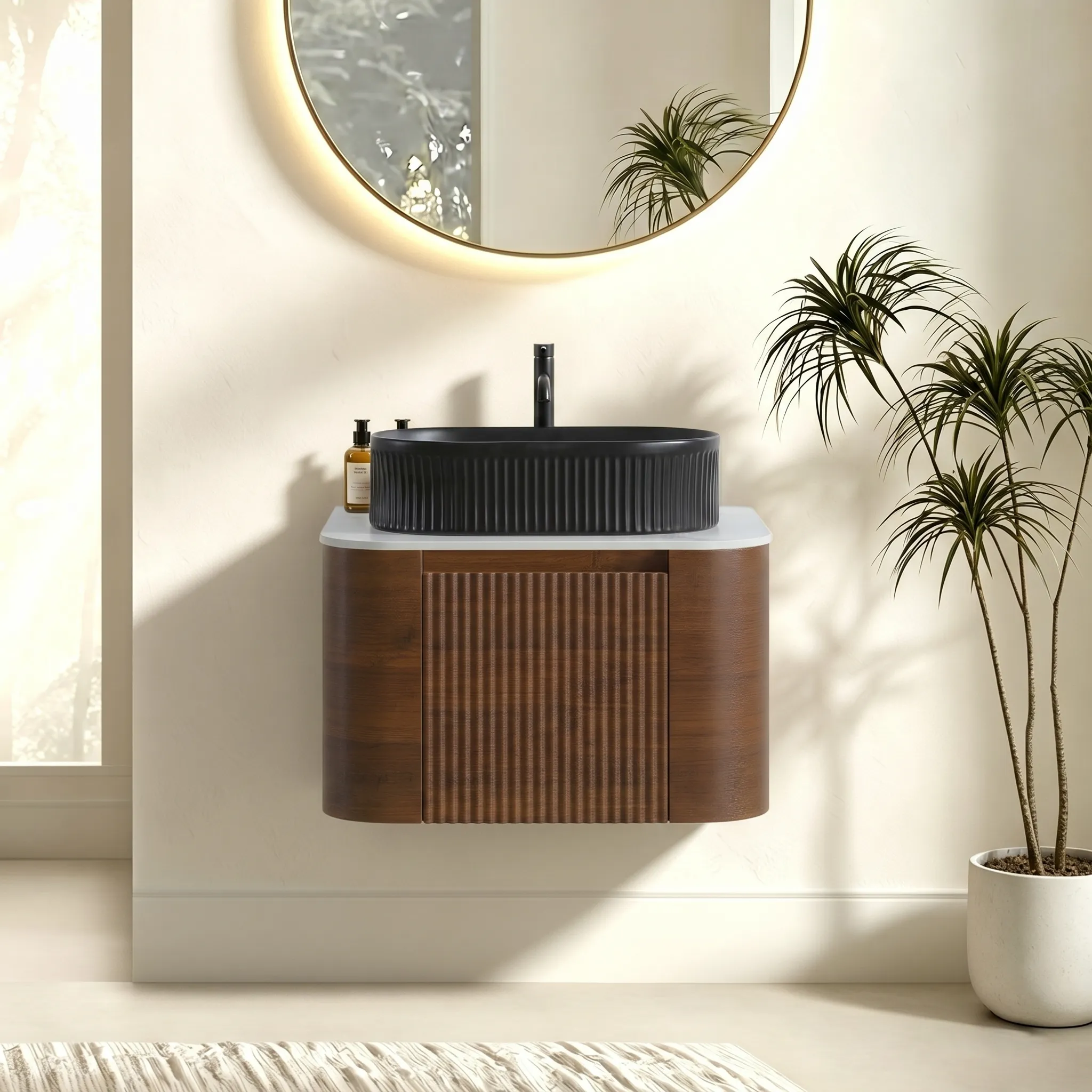 Cittaneo ERBA 24 inch floating walnut bathroom vanity with black fluted vessel sink and white countertop