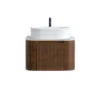 Cittaneo ERBA 24 inch floating walnut bathroom vanity with white fluted vessel sink, white countertop and ribbed cabinet door