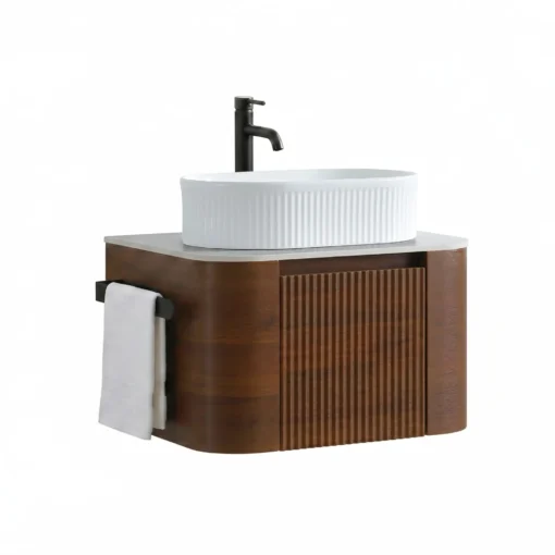 Cittaneo ERBA 24 inch wall mounted walnut bathroom vanity with white fluted vessel sink, side towel rack and ribbed drawer front