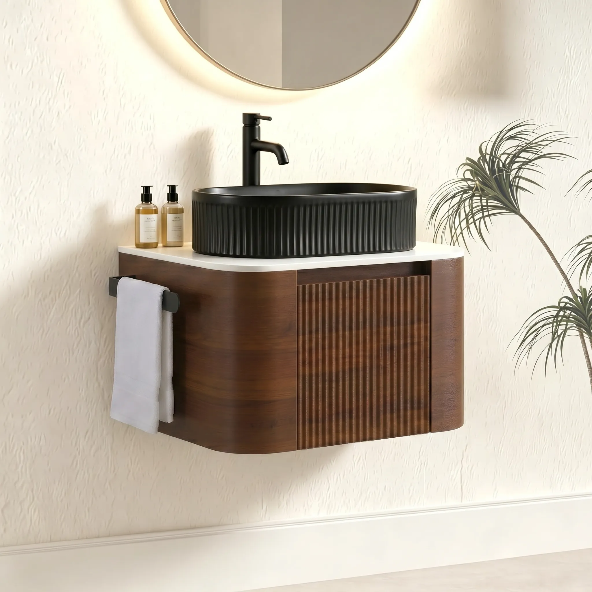 Side view of Cittaneo ERBA 24 inch wall mounted walnut bathroom vanity with black vessel sink and towel rack