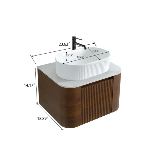 Cittaneo ERBA 24 inch walnut bathroom vanity dimensions with white fluted vessel sink, 23.62 inch width, 18.89 inch depth and 14.17 inch height
