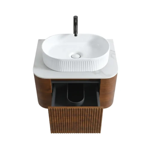 Top view of Cittaneo ERBA 24 inch walnut bathroom vanity with open storage drawer, white vessel sink and marble-look countertop