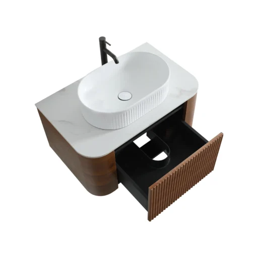 Cittaneo ERBA 30 inch floating bathroom vanity with open storage drawer, walnut fluted front and white vessel sink