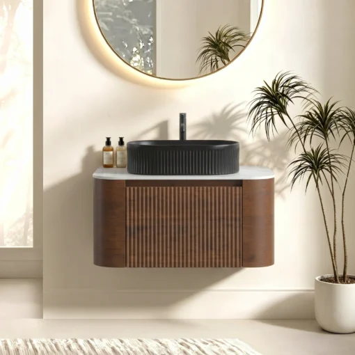Cittaneo ERBA 30 inch floating walnut bathroom vanity with black fluted vessel sink and modern white countertop