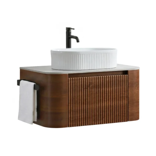 Cittaneo ERBA 30 inch wall mounted walnut vanity with white fluted vessel sink, side towel rack and rounded cabinet corners