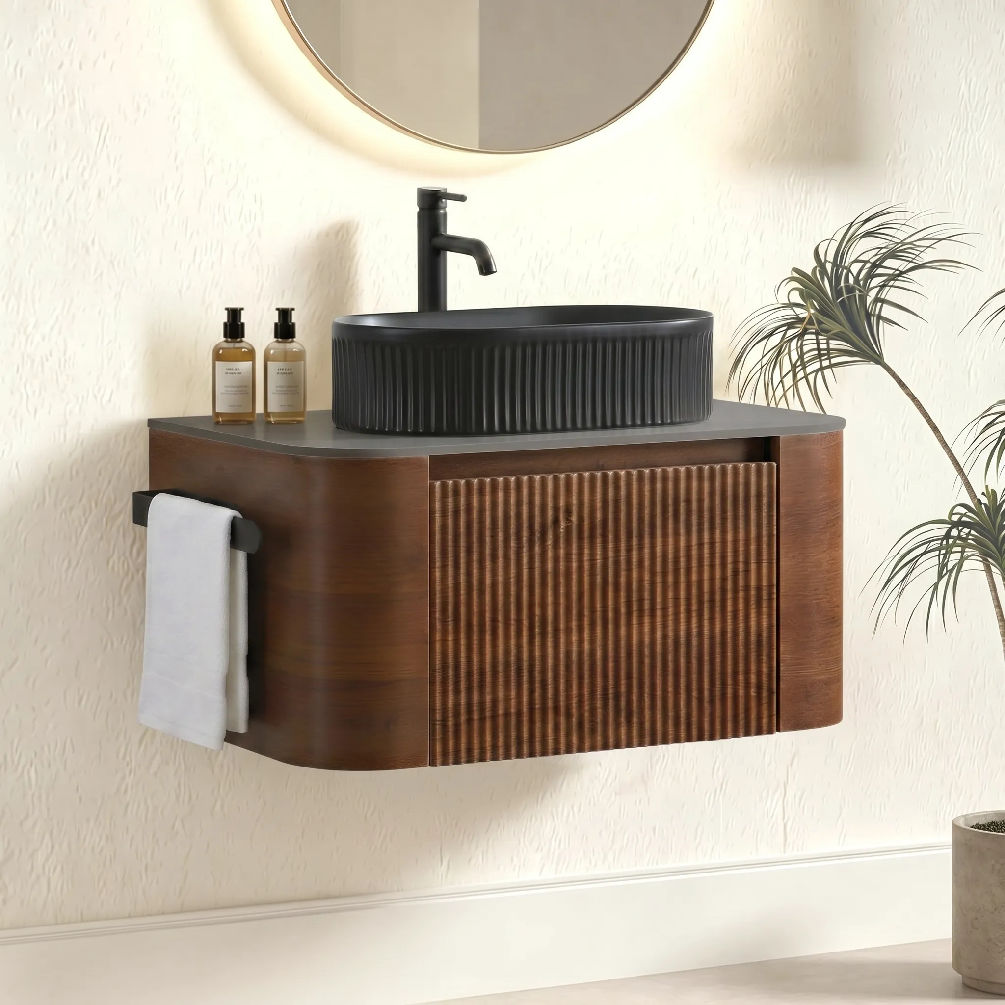 Side view of Cittaneo ERBA 30 inch wall mounted walnut vanity with black vessel sink and towel rack