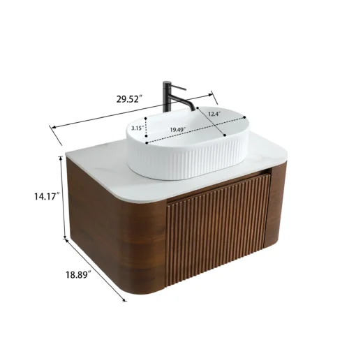 Cittaneo ERBA 30 inch walnut bathroom vanity dimensions with white fluted vessel sink, 29.52 inch width, 18.89 inch depth and 14.17 inch height