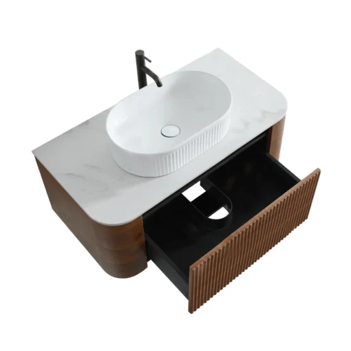Cittaneo ERBA 30 inch floating bathroom vanity with open storage drawer, walnut fluted front and white vessel sink