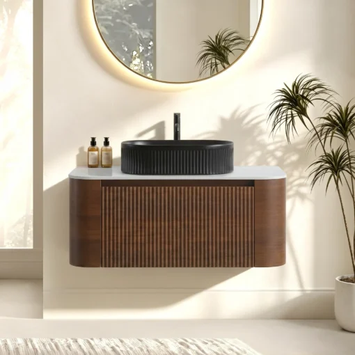 Cittaneo ERBA 36 inch floating walnut bathroom vanity with black fluted vessel sink and curved cabinet design