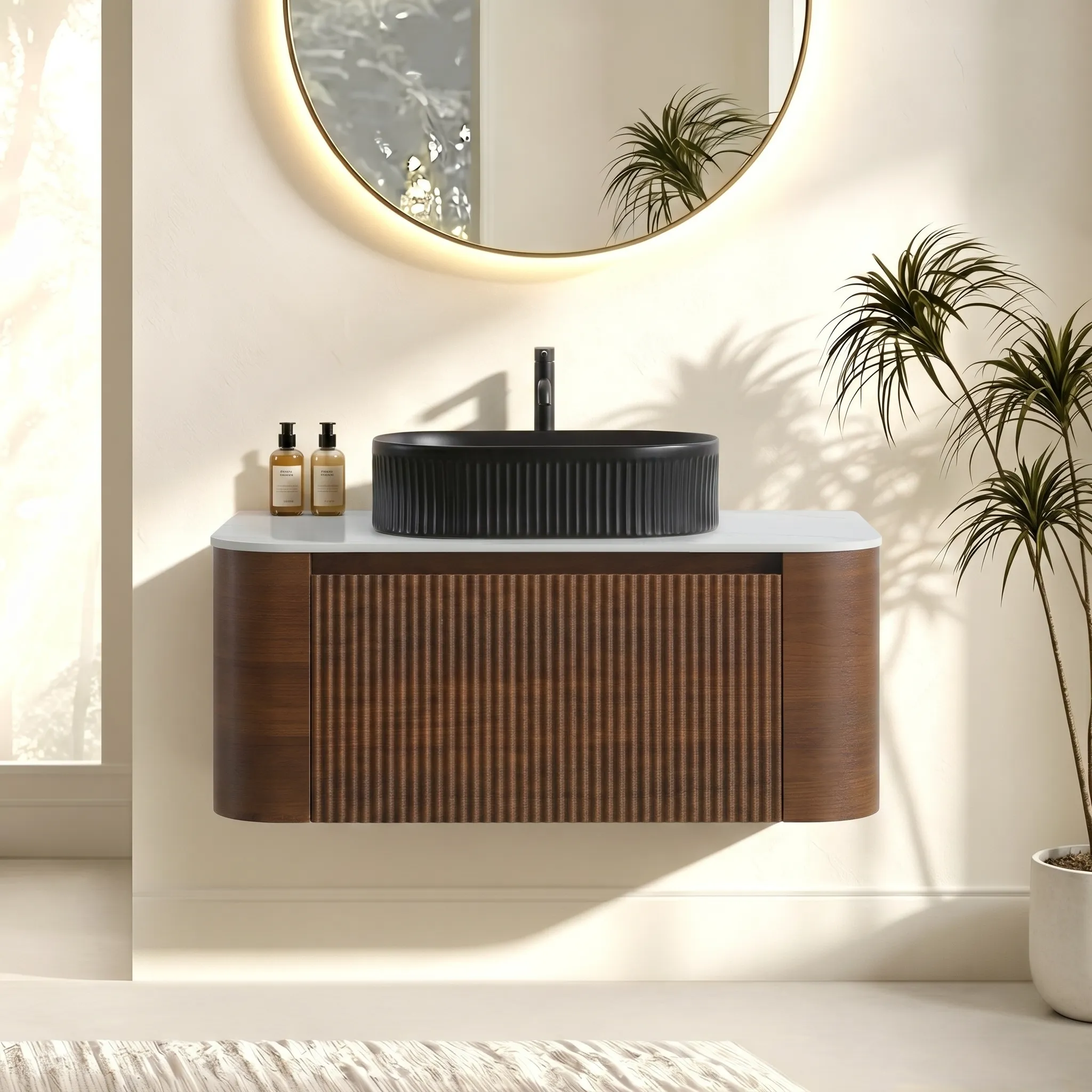 Cittaneo ERBA 36 inch floating walnut bathroom vanity with black fluted vessel sink and curved cabinet design