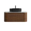 Cittaneo ERBA 36 inch floating walnut bathroom vanity with black fluted vessel sink and white countertop